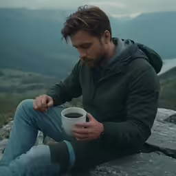 a man holding a coffee mug with a mountain view