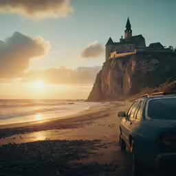 a view of a very old castle and the sea at sunset