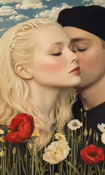 a couple kissing and surrounded by flowers