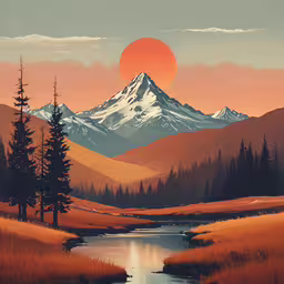 the sun setting on mountains with water in foreground,an artist
