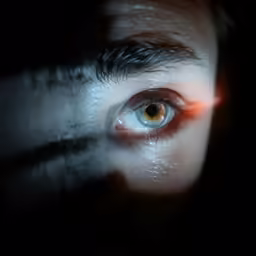 an orange eye being reflected in a dark mirror