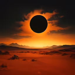 an eclipse is seen in the distance behind the desert