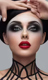 the woman is making a funny face in her black dress