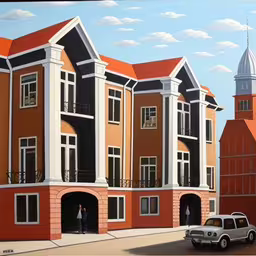 this is a painting of people standing in a doorway and looking out at buildings,a van parked next to a tall building