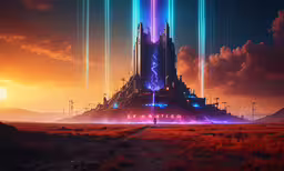 an alien town in the distance with a sky filled with lightning beams,a futuristic city with lights and some cars