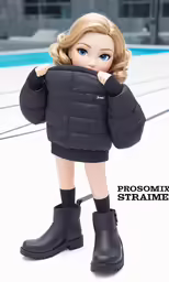 the doll wears a black coat and boots