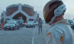 a man wearing a head device watching people walk by
