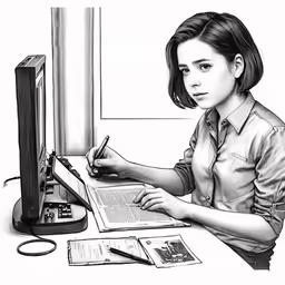 a woman sitting at a desk using a pen and paper