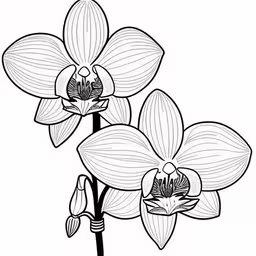two orchids in black and white on a white background,a drawing of two orchids that are black and white