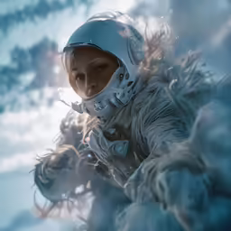 a girl with a full helmet on is floating in water