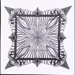 drawing in pencil with black and white lines, which looks like a flower,a drawing of an intricate pattern that is on a white background
