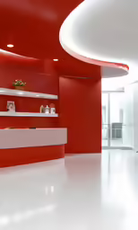 an office reception room with bright red accents