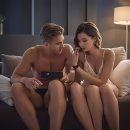 a couple is on their couch looking at something on the ipad