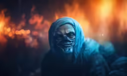 a skeleton face with blue hair and an orange glow in the background
