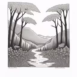 an ink drawing of a stream in the woods,the stream in the woods is drawn with a pen,this is a drawing of trees, water and mountains,a black and white drawing of trees in a forest,a black and white drawing of a stream