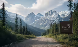 a road in the mountains with a sign and trees on both sides