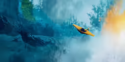 an underwater photo of a yellow canoe and a mountain