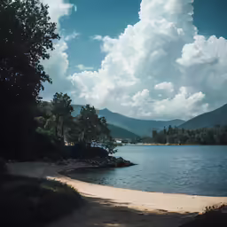 a lake with some trees on the shore