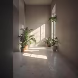 two houseplants in a large room with many windows