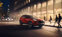 the red sport utility vehicle driving down the street