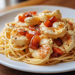 a plate of scallops and tomatoes are on the table