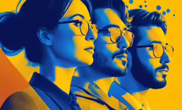 three people with different glasses and a man in the background