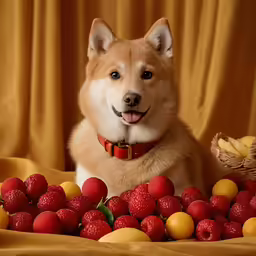 a dog is sitting on a bed of fruit with strawberries, apples and potatoes in front of it
