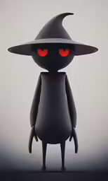 a black toy with red eyes is wearing a witches hat