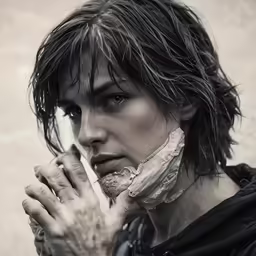 woman with torn up hand and cigarette in her mouth