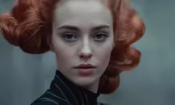 a woman with red hair and a high collar in profile