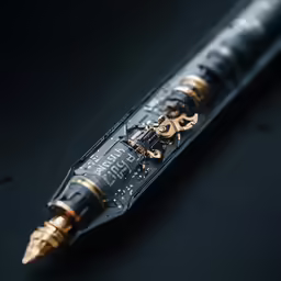 a fountain pen inlaid with gold and black writing on a black surface