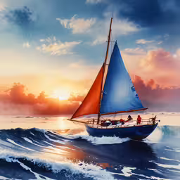 a sailboat floating on top of a body of water,a painting of a boat out in the ocean at sunset