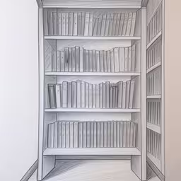 a pencil drawing of a bookshelf with a lot of books on it