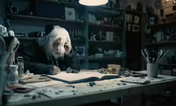 an elderly man is sitting at a table with many tools
