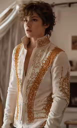 the lady in this photo is dressed in an elaborate jacket