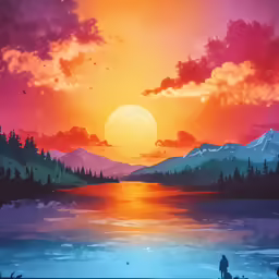 a painting shows the sun over a lake and mountain range