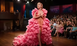 there is a woman in a pink gown walking down the runway