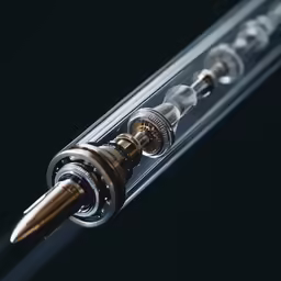 a metal pen with a gold tip sits in a clear case