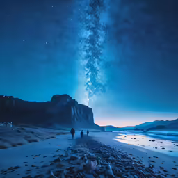 two people are standing on a beach looking at the sky