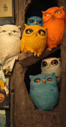 six colorful owls are sitting on branches
