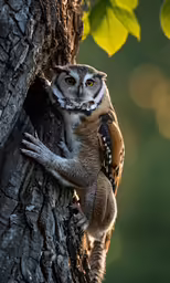 an owl is sitting on the trunk of a tree