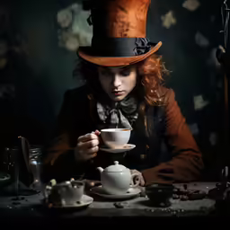 a lady dressed in an orange hat with her hands in a cup