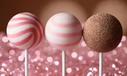 four candy balls sitting on top of wooden sticks