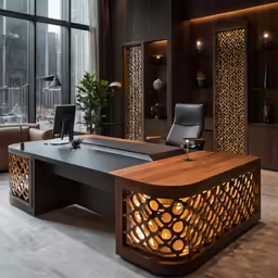 a room with a table, a lamp, and some windows