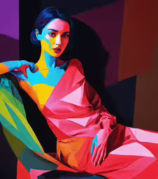 the girl is sitting on a couch in brightly colored clothing,a woman is posing for a picture in a bright geometric pattern
