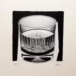 glass with liquid floating off it on a white surface