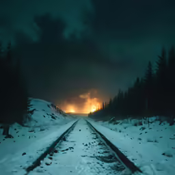 the road is covered with snow and a railroad track runs through it