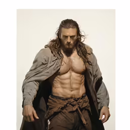 shirtless man in brown pants and jacket