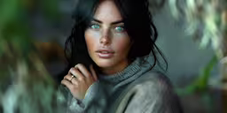 a woman in a grey sweater with blue eyes,a woman wearing a sweater and ring stands behind some leaves
