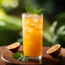 a glass of tea with ice and lemon on a wooden tray